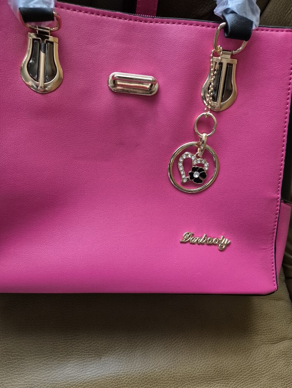 Pink and Black Structured Satchel with Gold Accents - Picture 5 of 9